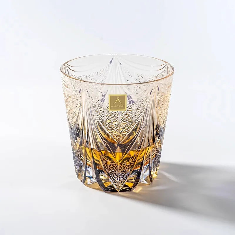 Edo Kiriko Amethyst Dawn whisky glass front view with amber and purple crystal cuts