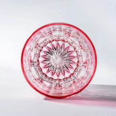 Edo Kiriko Rose Starburst whisky glass base view showing pink radial cut pattern
