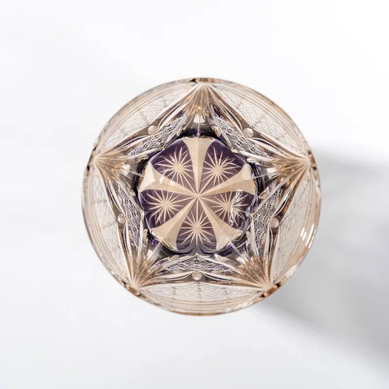 Edo Kiriko Amethyst Dawn whisky glass base view showing purple radial starburst pattern