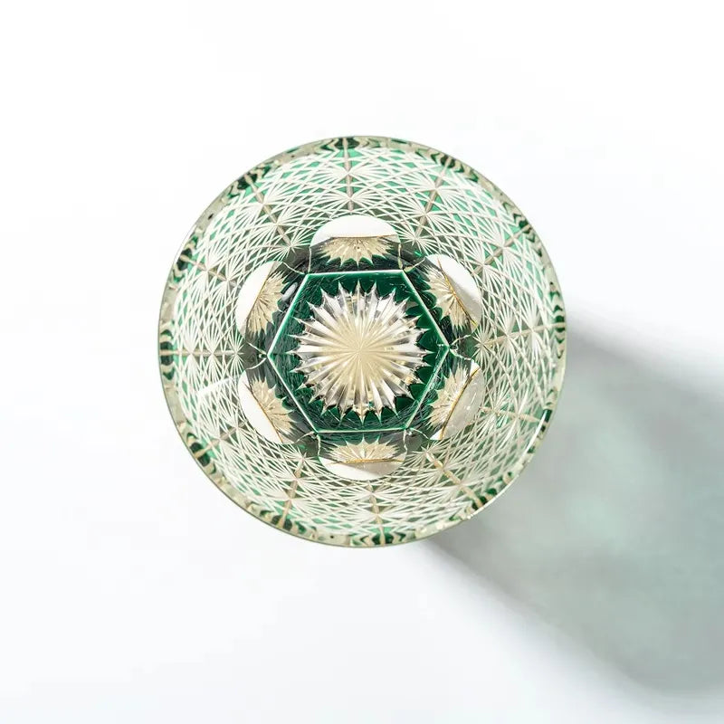 Edo Kiriko Emerald Starburst whisky glass base view with radial starburst crystal design