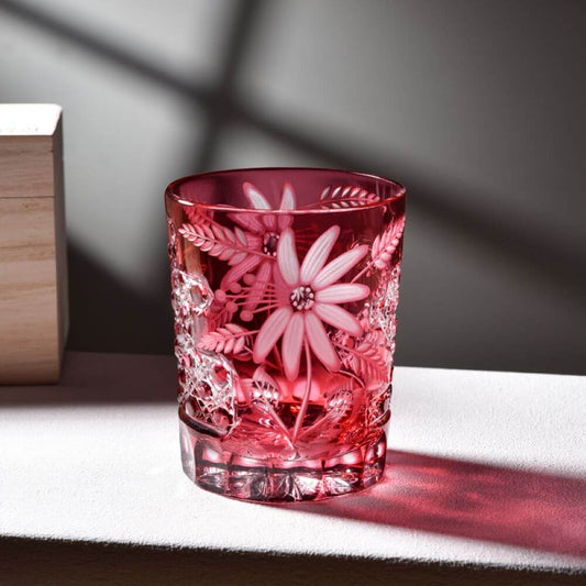 Edo Kiriko Handcrafted Sakura Bloom Whisky Glass | Hand-Cut Crystal Tumbler With Wooden Box