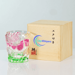 Edo Kiriko Kingyo Nishiki whisky glass with ClayWhispers wooden gift box packaging