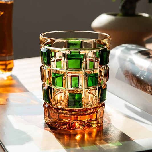 Edo Kiriko Green Amber Grid | Hand Cut Czech Crystal Whiskey Glass & Old Fashioned Rocks Glass | Bohemian Gift (13.5oz)