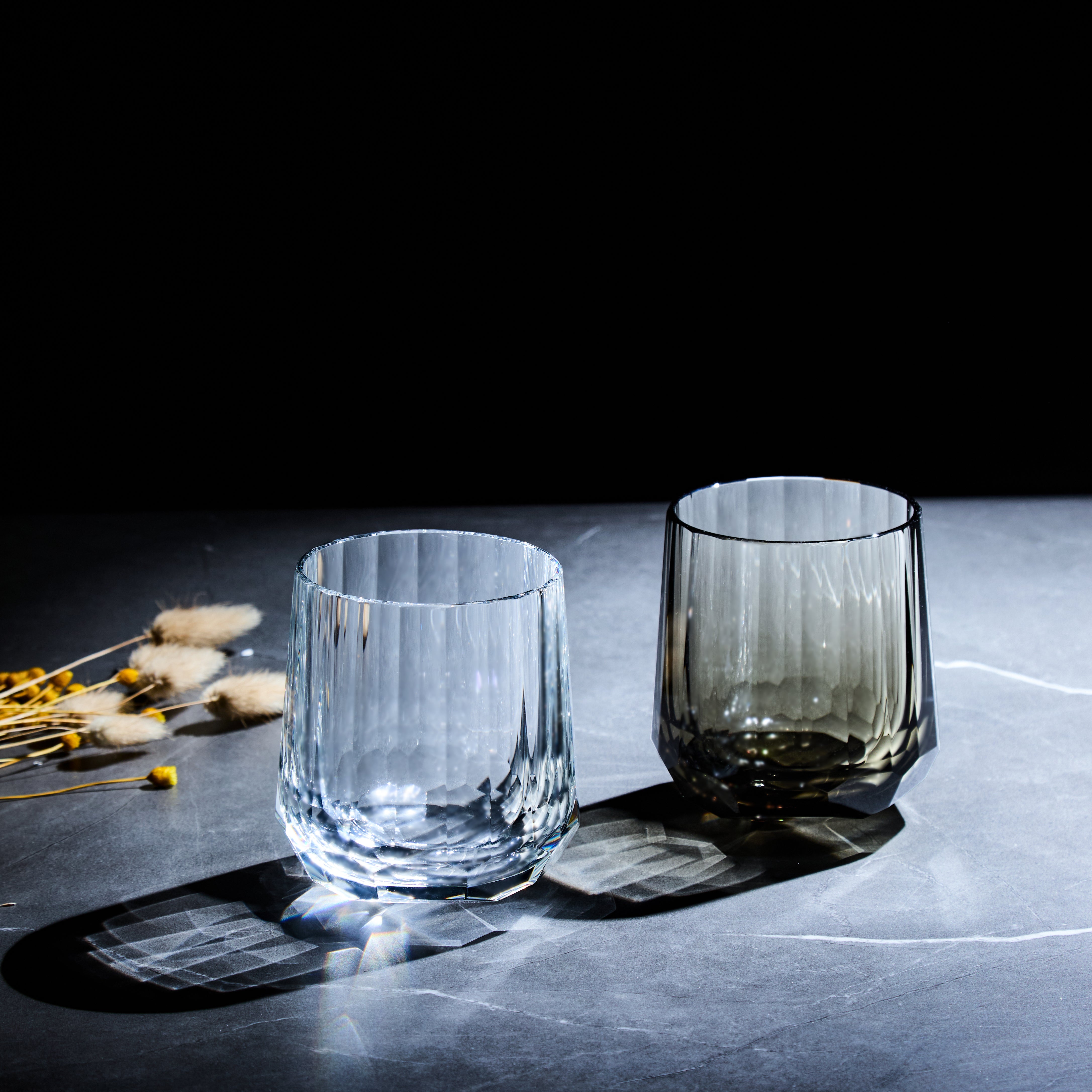 Edo Kiriko Kage-Tate whisky glasses front view with clear and smoky vertical cut crystal