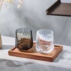 Edo Kiriko Kage-Tate whisky glasses displayed on wooden tray in bright natural light