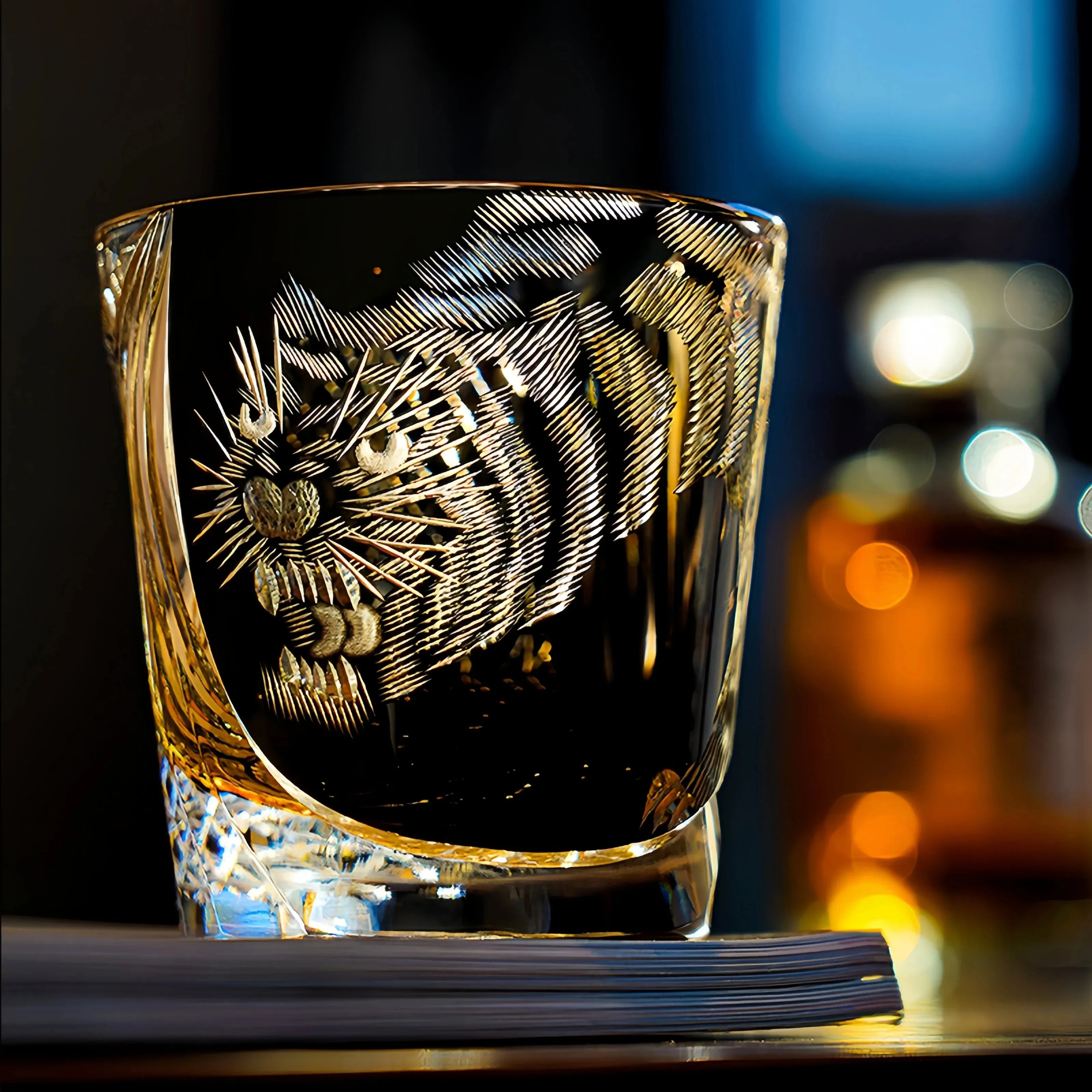 Edo Kiriko Kuro Tora whisky glass front view with black tiger pattern and gold cuts