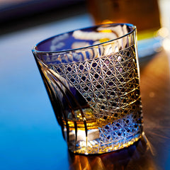 Edo Kiriko Murasaki Tora whisky glass front view with purple tiger motif and gold cuts