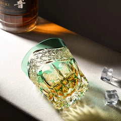 Edo Kiriko Emerald Prism | Hand Cut Crystal Whiskey Glass & Old Fashioned Rocks Glass | Luxury Gift in Wooden Box (10oz)