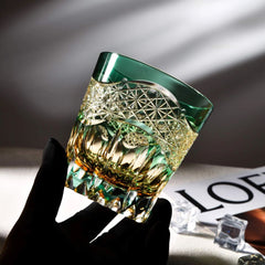 Edo Kiriko Emerald Prism | Hand Cut Crystal Whiskey Glass & Old Fashioned Rocks Glass | Luxury Gift in Wooden Box (10oz)