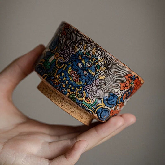 Hand-Painted Mahakala Tea Cup - Wabi-Sabi Style Ceramic Chawan