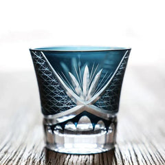 Edo Kiriko Red Chrysanthemum blue whisky glass front view with flower motif