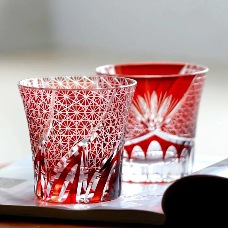 Edo Kiriko Red Chrysanthemum red whisky glass paired with blue cut crystal glass