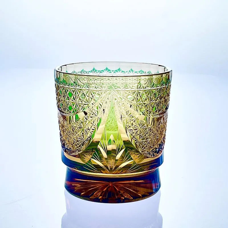 Edo Kiriko Sparkling Galaxy whisky glass front view with green and gold crystal cuts