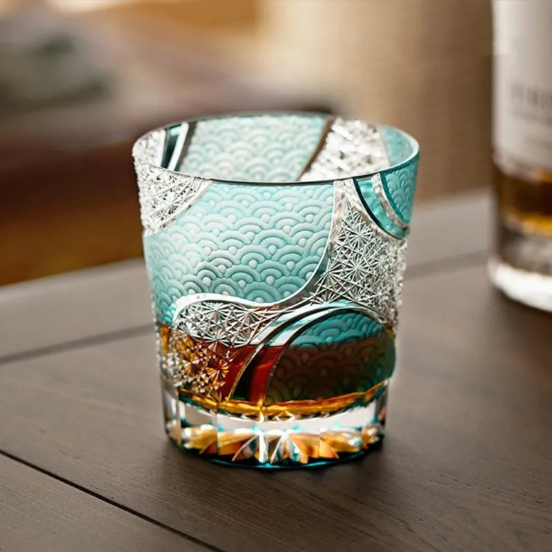 Edo Kiriko Ink Blue Cloud whisky glass front view with blue cloud pattern and amber whisky
