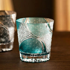 Edo Kiriko Ink Blue Cloud whisky glass front view with turquoise cloud motif