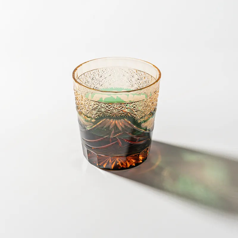 Edo Kiriko Mount Fuji Green whisky glass front view with amber base and green cuts