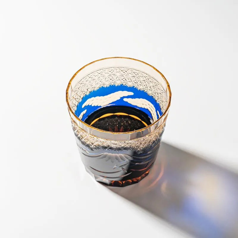 Edo Kiriko Mount Fuji Blue whisky glass top view with blue mountain motif and amber base