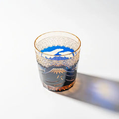 Edo Kiriko Mount Fuji Blue whisky glass front view with blue mountain motif