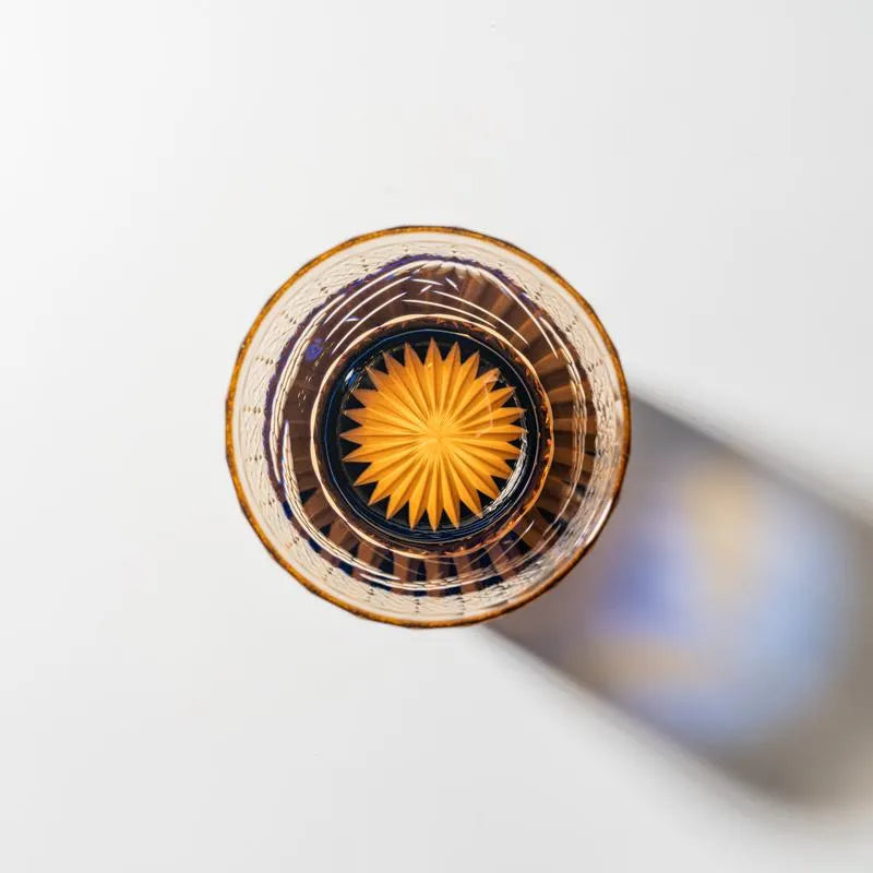 Edo Kiriko Mount Fuji Blue whisky glass base view with golden radial cut detail