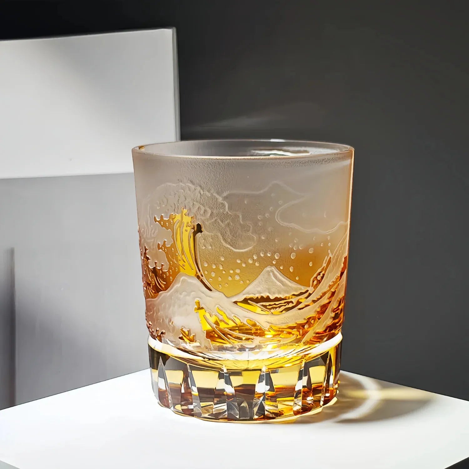Edo Kiriko Fuji Wave amber whisky glass front view with golden mountain motif