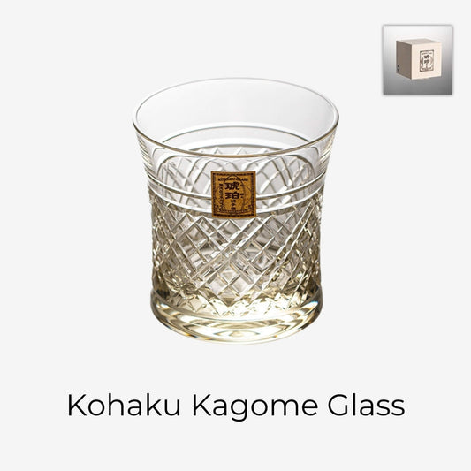 Kohaku Kagome glass on white with amber tint, crossed lattice cuts, and gold label