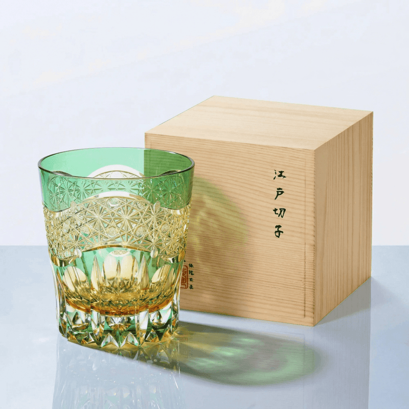Green Edo Kiriko whisky glass with wooden gift box showing handcrafted crystal presentation