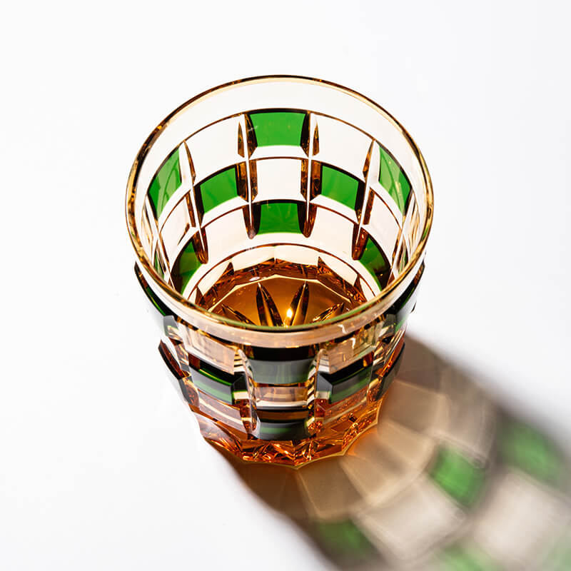 Green amber grid Edo Kiriko whisky glass for scotch glass and tumbler comparison