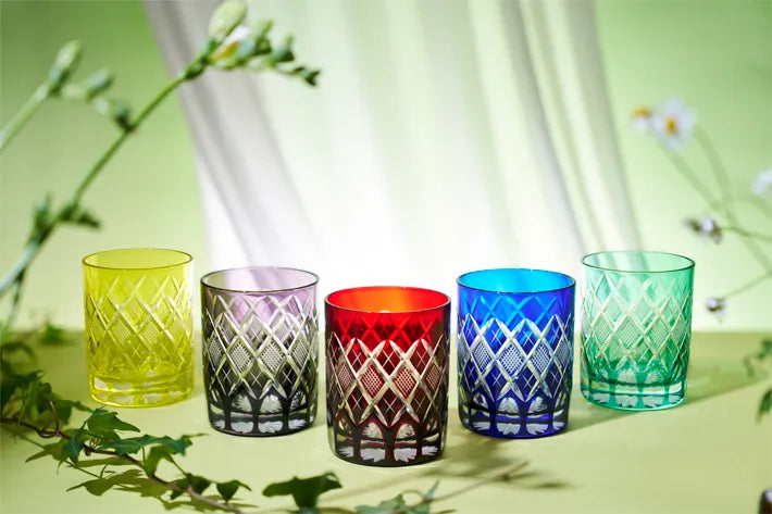 Colorful Edo Kiriko whisky glasses used in a whisky calories and serving guide