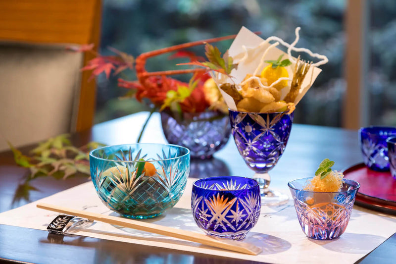 Colorful Edo Kiriko whisky glasses illustrating the ancient Japanese art of cut glass