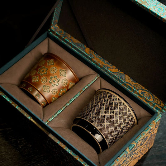 Handmade Tang Dynasty Baoxiang Flower & Huiwen Pattern Coffee Cup Set – 2-Piece Gift Box