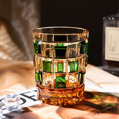 Edo Kiriko Green Amber Grid | Hand Cut Czech Crystal Whiskey Glass & Old Fashioned Rocks Glass | Bohemian Gift (13.5oz)