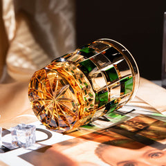 Edo Kiriko Green Amber Grid | Hand Cut Czech Crystal Whiskey Glass & Old Fashioned Rocks Glass | Bohemian Gift (13.5oz)
