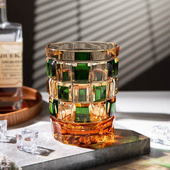 Edo Kiriko Green Amber Grid | Hand Cut Czech Crystal Whiskey Glass & Old Fashioned Rocks Glass | Bohemian Gift (13.5oz)