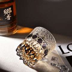 Luxury Edo Kiriko Whiskey Glass - Handcrafted Fluorite-Hued Crystal - Old Fashioned Tumbler & Wooden Gift Box(10oz)