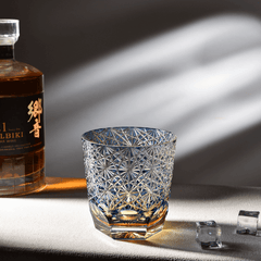 Edo Kiriko Blue Starburst | Hand Cut Crystal Whiskey Glass & Old Fashioned Rocks Glass | Japanese Gift (10oz)