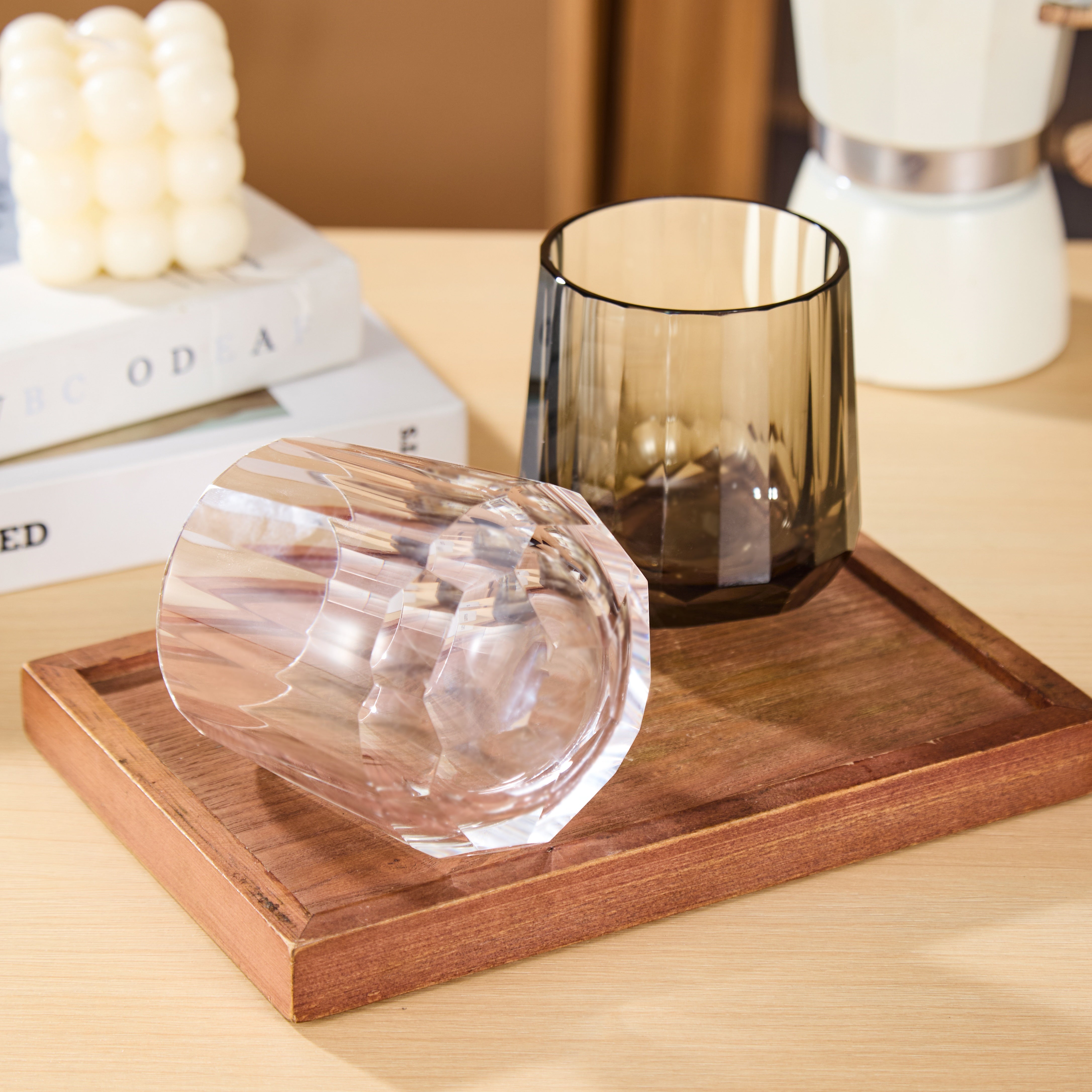Edo Kiriko Kage-Tate whisky glasses on tray showing clear faceted base and smoky cup