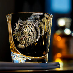 Edo Kiriko Kuro Tora whisky glass front view with black tiger pattern and gold cuts