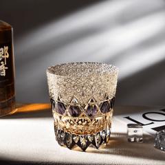 Luxury Edo Kiriko Whiskey Glass - Handcrafted Fluorite-Hued Crystal - Old Fashioned Tumbler & Wooden Gift Box(10oz)
