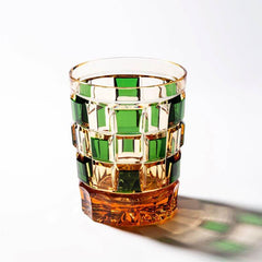 Edo Kiriko Green Amber Grid | Hand Cut Czech Crystal Whiskey Glass & Old Fashioned Rocks Glass | Bohemian Gift (13.5oz)