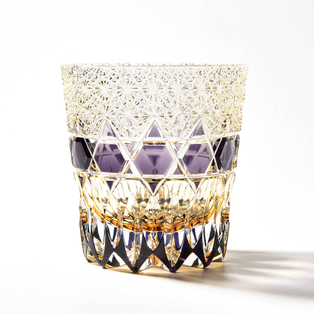 Luxury Edo Kiriko Whiskey Glass - Handcrafted Fluorite-Hued Crystal - Old Fashioned Tumbler & Wooden Gift Box(10oz)