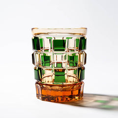 Edo Kiriko Green Amber Grid | Hand Cut Czech Crystal Whiskey Glass & Old Fashioned Rocks Glass | Bohemian Gift (13.5oz)
