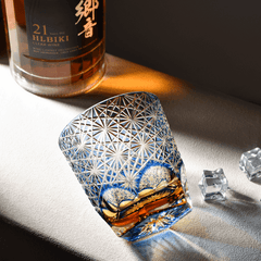 Edo Kiriko Blue Starburst | Hand Cut Crystal Whiskey Glass & Old Fashioned Rocks Glass | Japanese Gift (10oz)