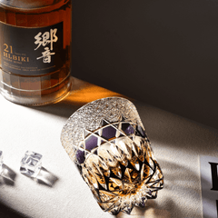 Luxury Edo Kiriko Whiskey Glass - Handcrafted Fluorite-Hued Crystal - Old Fashioned Tumbler & Wooden Gift Box(10oz)