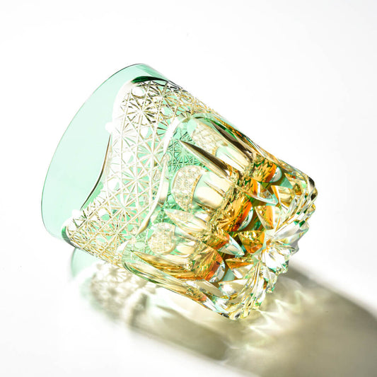 Edo Kiriko Emerald Prism | Hand Cut Crystal Whiskey Glass & Old Fashioned Rocks Glass | Luxury Gift in Wooden Box (10oz)