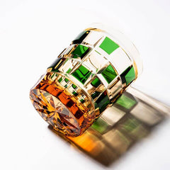 Edo Kiriko Green Amber Grid | Hand Cut Czech Crystal Whiskey Glass & Old Fashioned Rocks Glass | Bohemian Gift (13.5oz)