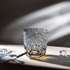 Edo Kiriko Blue Starburst | Hand Cut Crystal Whiskey Glass & Old Fashioned Rocks Glass | Japanese Gift (10oz)