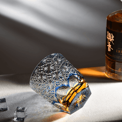 Edo Kiriko Blue Starburst | Hand Cut Crystal Whiskey Glass & Old Fashioned Rocks Glass | Japanese Gift (10oz)