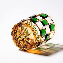 Edo Kiriko Green Amber Grid | Hand Cut Czech Crystal Whiskey Glass & Old Fashioned Rocks Glass | Bohemian Gift (13.5oz)