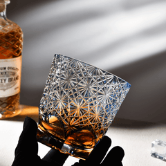 Edo Kiriko Blue Starburst | Hand Cut Crystal Whiskey Glass & Old Fashioned Rocks Glass | Japanese Gift (10oz)