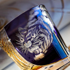 Edo Kiriko Murasaki Tora whisky glass close-up with purple tiger motif